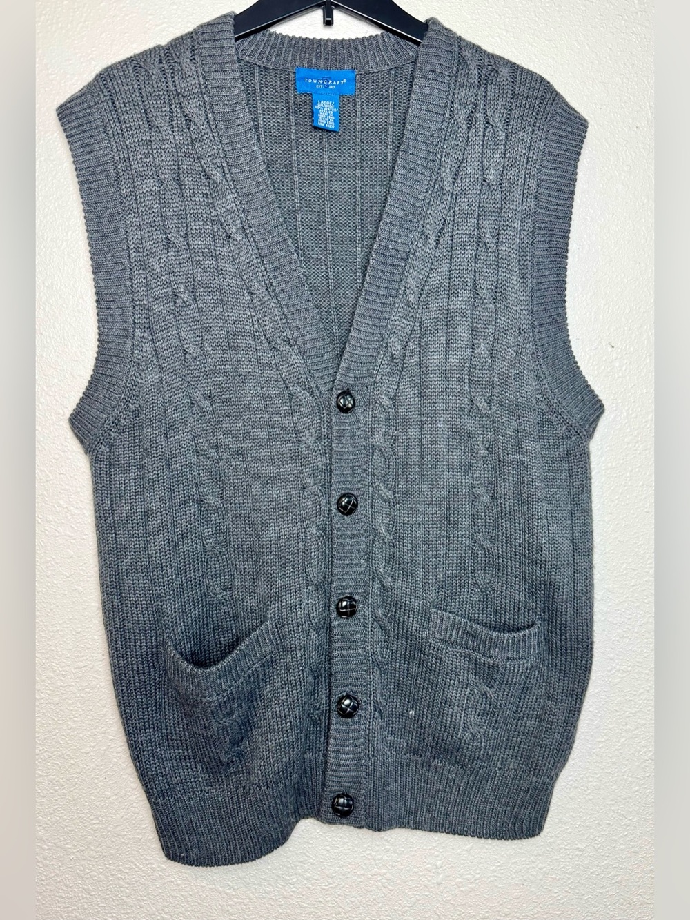 Vintage Towncraft Sweater Vest 90s Grey Knit Grunge Grandpa Cardigan Mens Large